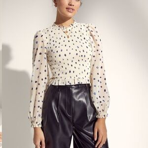 Aritzia Cream Blouson Sleeve Smocked Top with Navy Dot Print